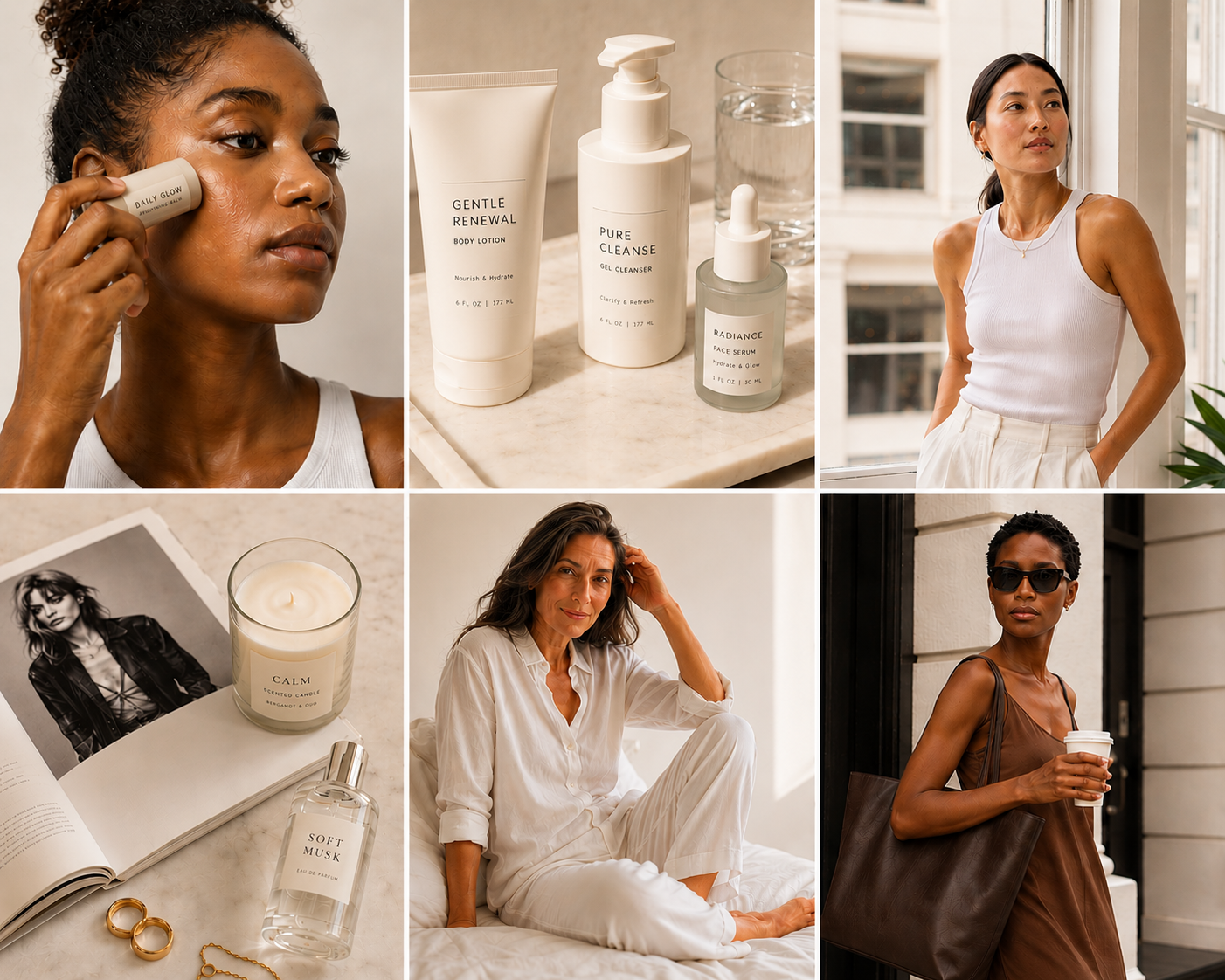 A collage of beauty, skincare and lifestyle imagery